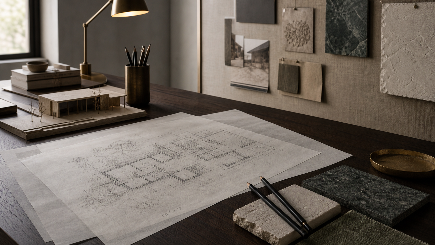 Architectural drawings and material samples on Natalie Pierce Studio worktable